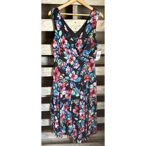 NWT Connected Apparel Size 14 Black Floral Drop Waist A-Line Midi Dress